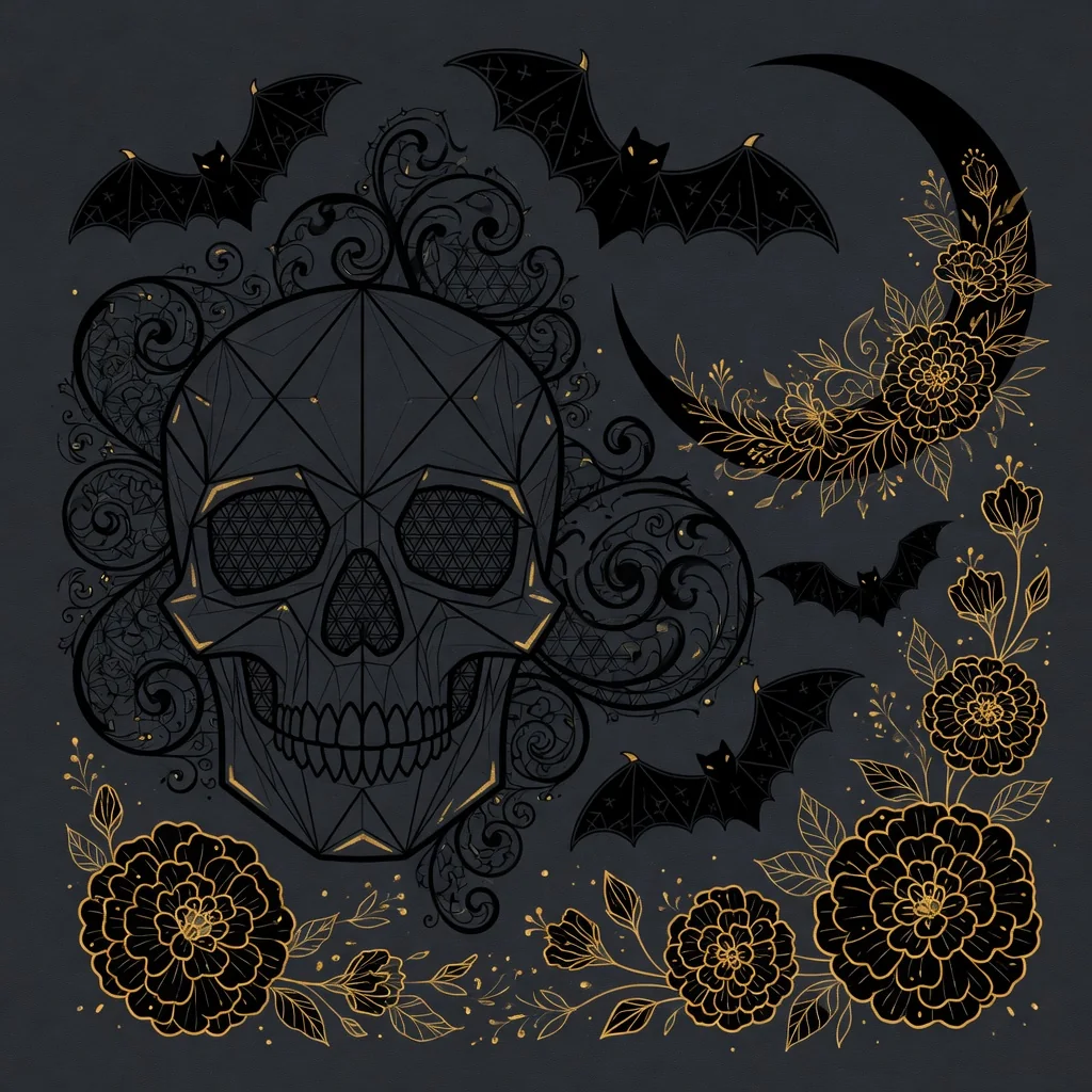 Ornamental blackwork Halloween flash: geometric skull, filigree, bats, crescent moon, and gold line flowers. Illustration only.
