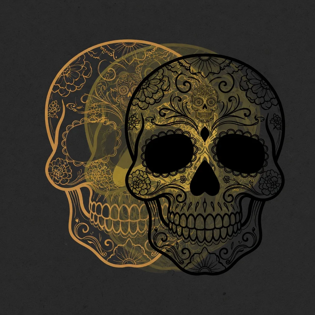 Exploded-layer diagram of a sugar-skull tattoo: outline, ornamental fill, and fine-line marigold detail. Studio diagram, not a photograph.