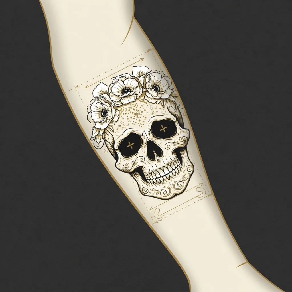 Generic forearm silhouette with an interpretive sugar-skull flash and scale marks. No identifiable person.