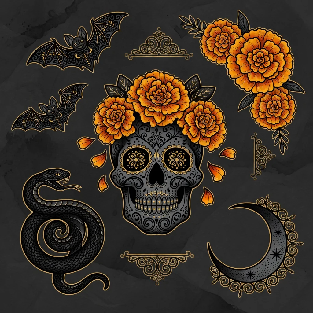 Interpretive Halloween tattoo flash collage: sugar skull with marigold crown, coiled snake, ornamental bats, and a crescent moon. Illustration, not a photograph of a person.