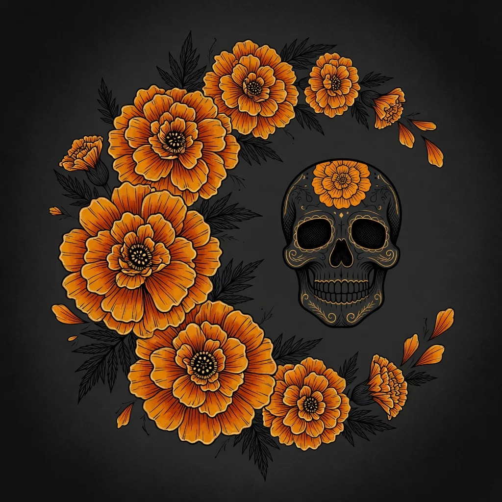 Botanical tattoo illustration of cempasúchil marigolds circling an ornamental skull. Interpretive drawing, not a photograph.