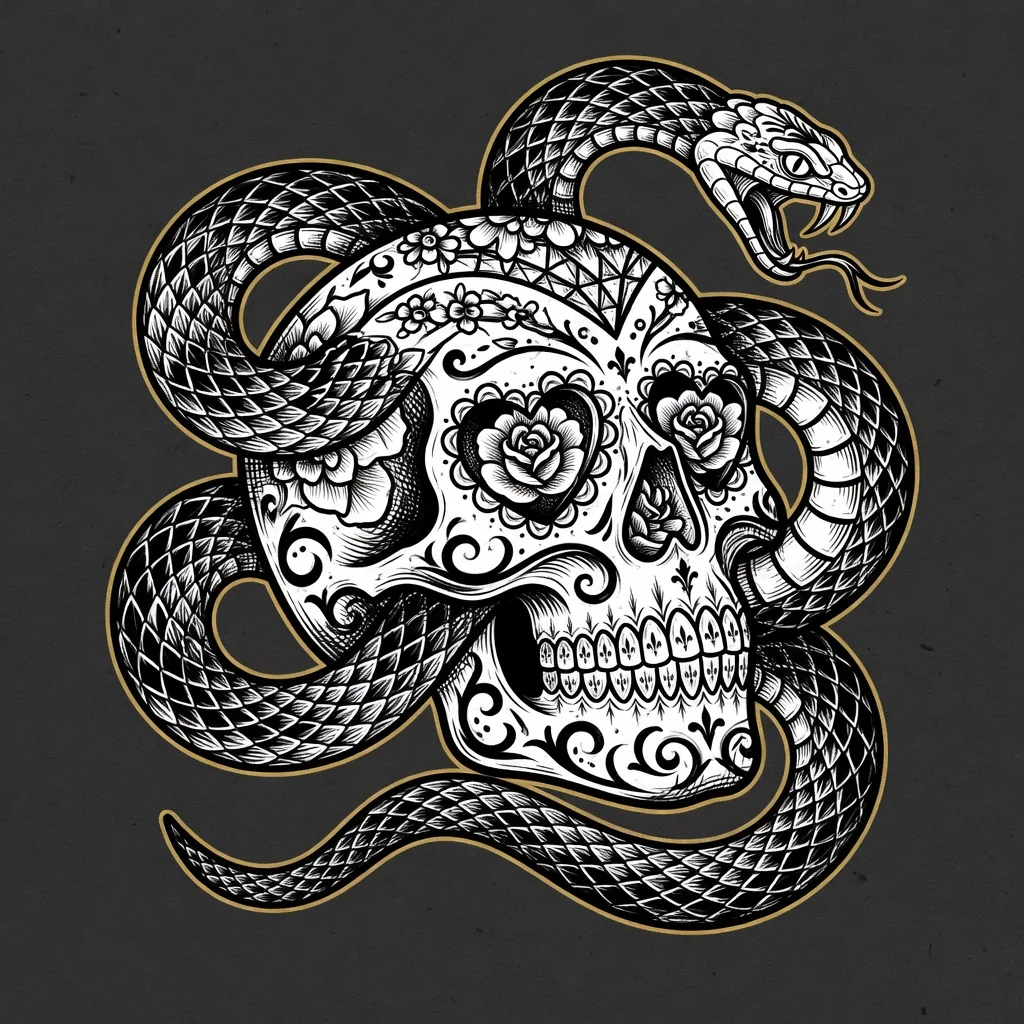 Blackwork tattoo flash of a snake coiled around a decorative sugar skull. Interpretive illustration, not a photo.