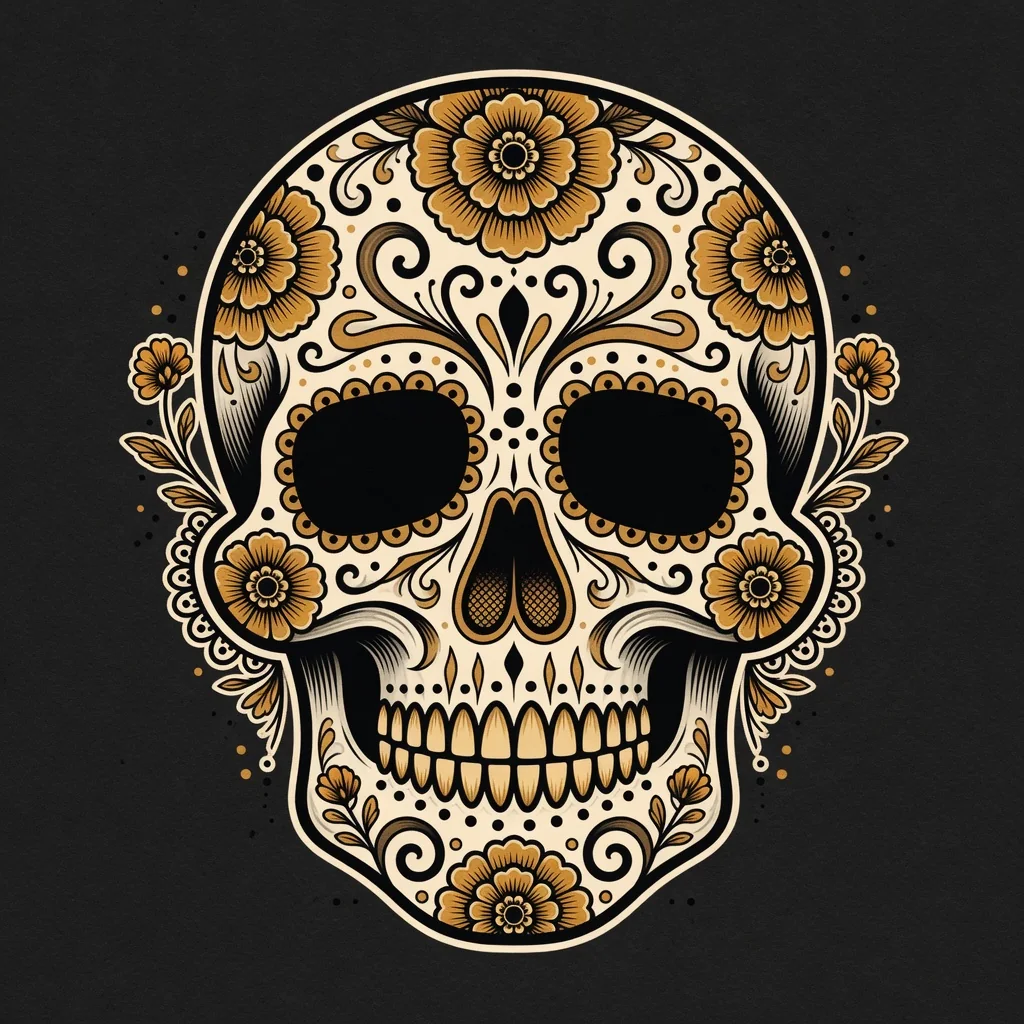 Interpretive sugar-skull tattoo flash with marigold ornament and gold filigree on a dark ground. Decorative calavera, not a portrait.