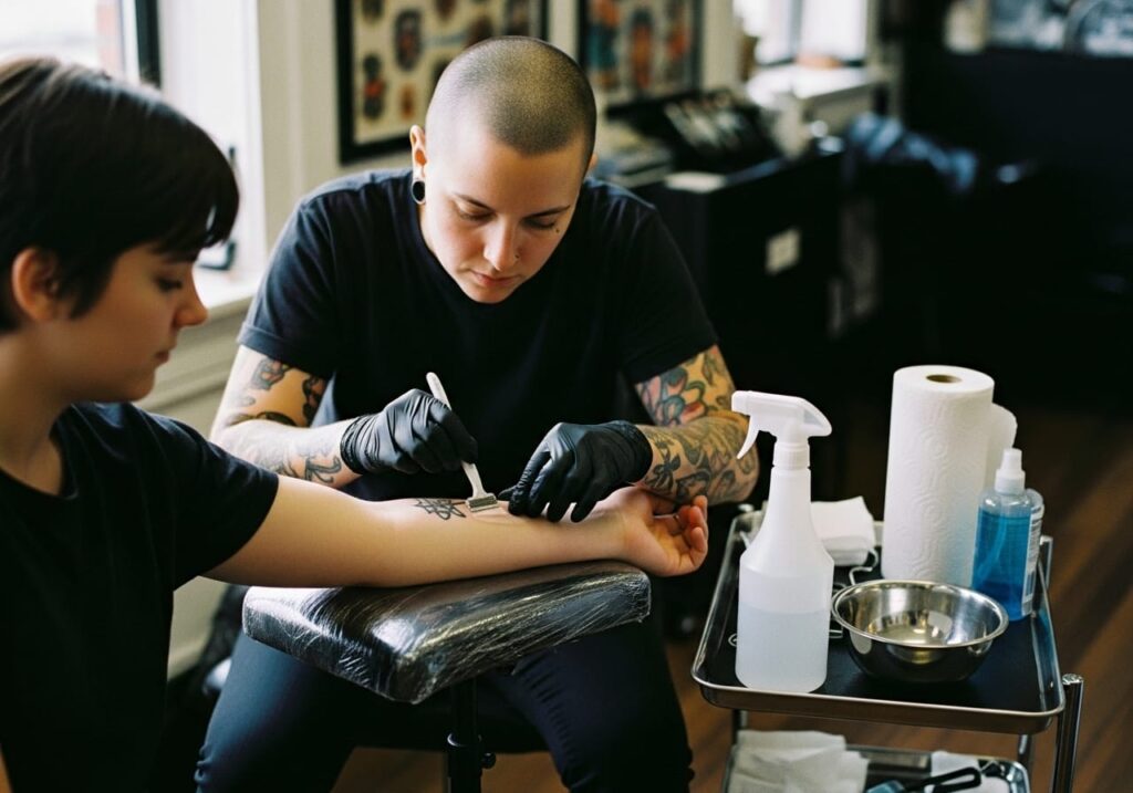 Tattoo artist cleaning and shaving a client's forearm before applying stencil